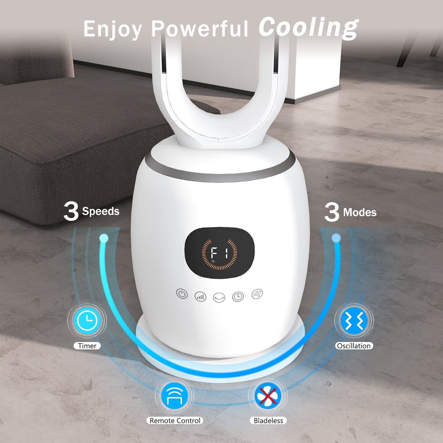 34in Bladeless Tower Fan with 60°Oscillating, 3 Speeds & 3 Modes Standing Floor Fan Equipped Remote Control, 12H Timer for Indoor Room Use