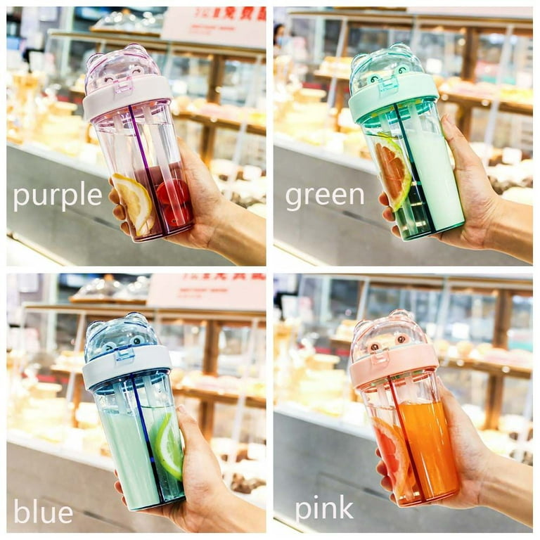 420ml Cute Children Double Straw Water Bottle Outdoor Portable