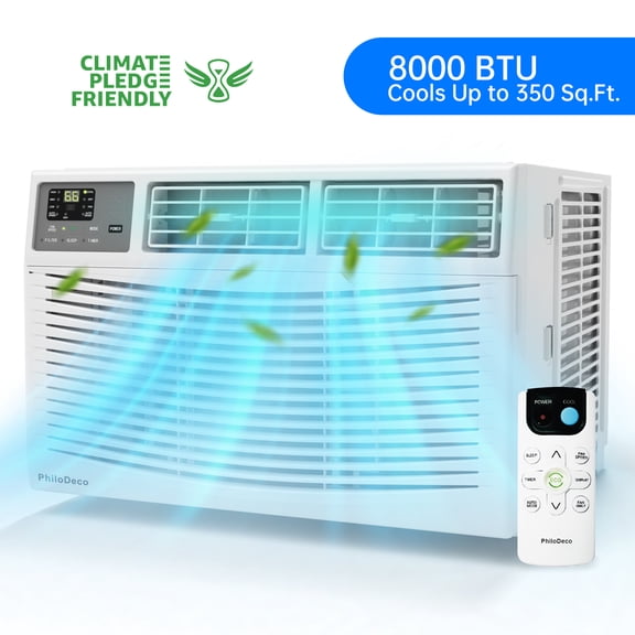 PhiloDeco 8000 BTU Window Air Conditioner 350 Sq. ft. Intelligent, LED Display Screen, with Remote Control,Ac Can Be Used as a Dehumidifier/Fan, Operates Quietly, Energy-Saving. Timer/Sleep and ECO