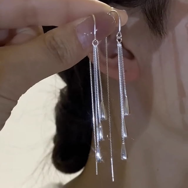 Elegantes pendientes largos con borlas y forma de gota de agua para mujer, de plata 925, sencillos y delgados