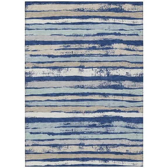 HomeRoots 598912 9 x 12 ft. Navy Blue, Beige & Ivory Striped Washable Indoor & Outdoor Rectangle Area Rug