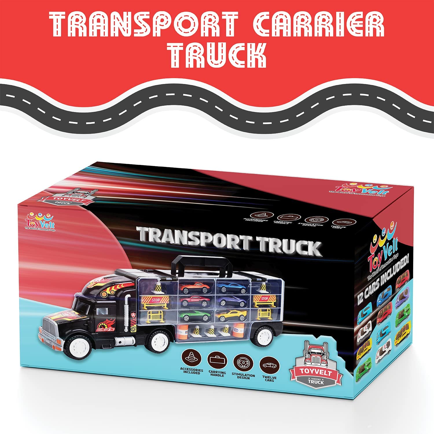 Toy Truck Transport Car Carrier Toy for Boys and Girls Age 3 - 10 yrs Old - Hauler Truck Includes 12 Toy Cars and Accessories - Car Truck Fits 28 Car Slots - Ideal Gift for Kids
