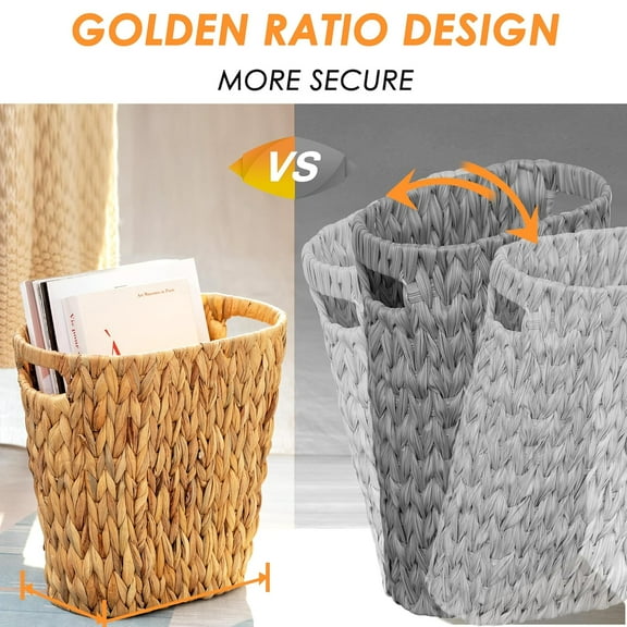 Hand-Woven Wicker Trash Can with Built-in Handles, Natural Water Hyacinth Waste Basket for Bathroom, Bedroom, Office