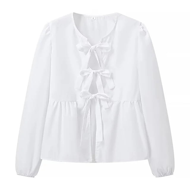 WEAIXIMIUNG Chemises pour Enseignantes, Manches Longues, Col Rond, Nœud Papillon, Couleur Unie, Chemise Polyvalente, Petit Haut