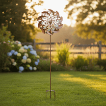 Teamson Home Outdoor Kinetic Windmill Sculpture with Solar-Powered LED Light, Copper