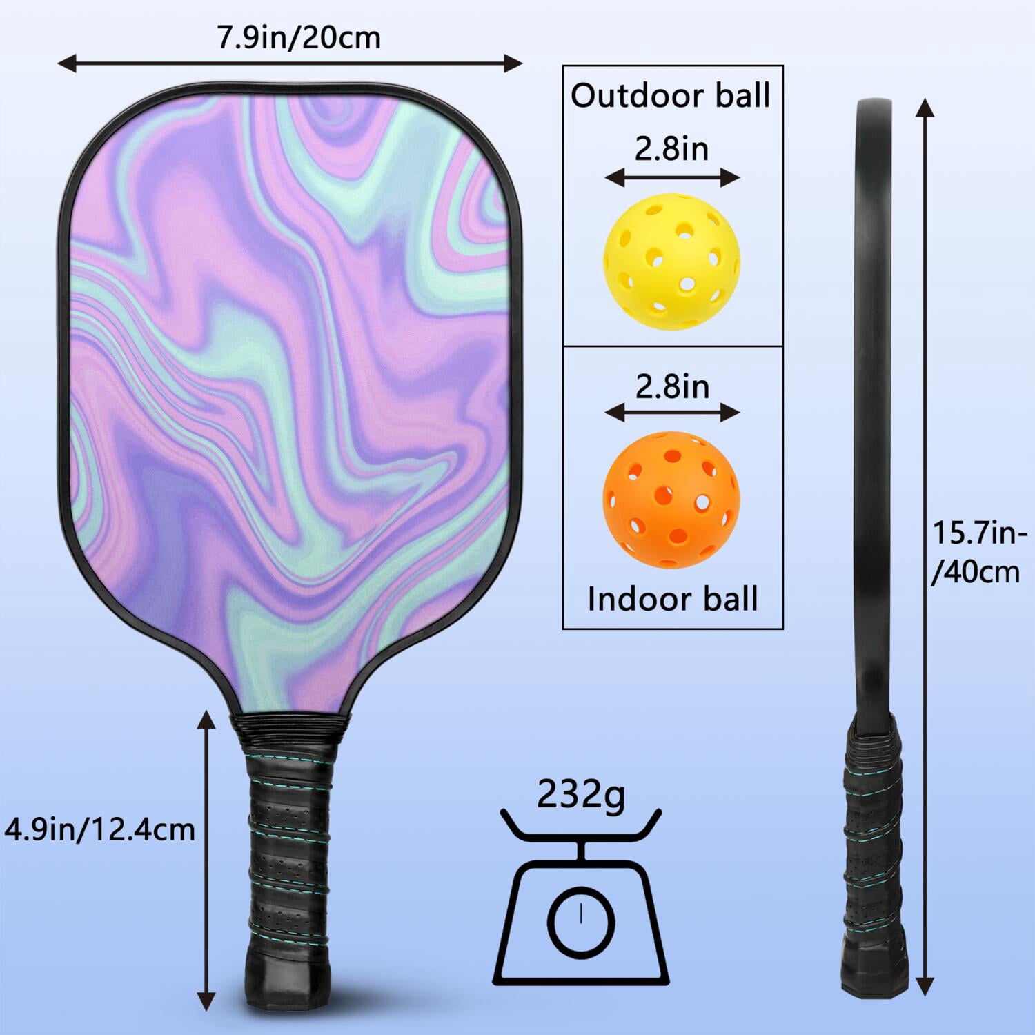 Pickleball Paddles Set Of 2, Fiberglass Surface, Liquid & Marble Print, 4 Balls & Bag