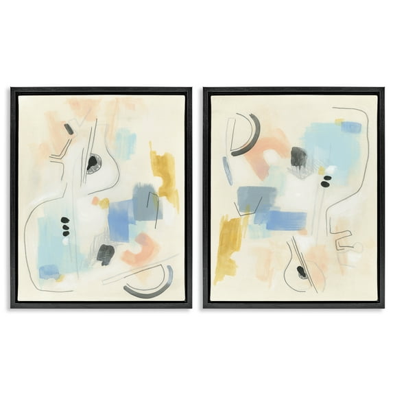 Stupell Industries Pastel Shapes Lines Patches Abstract Painting Black Floater Framed Canvas Art Print Wall Art, 17 x 21, Set of 2