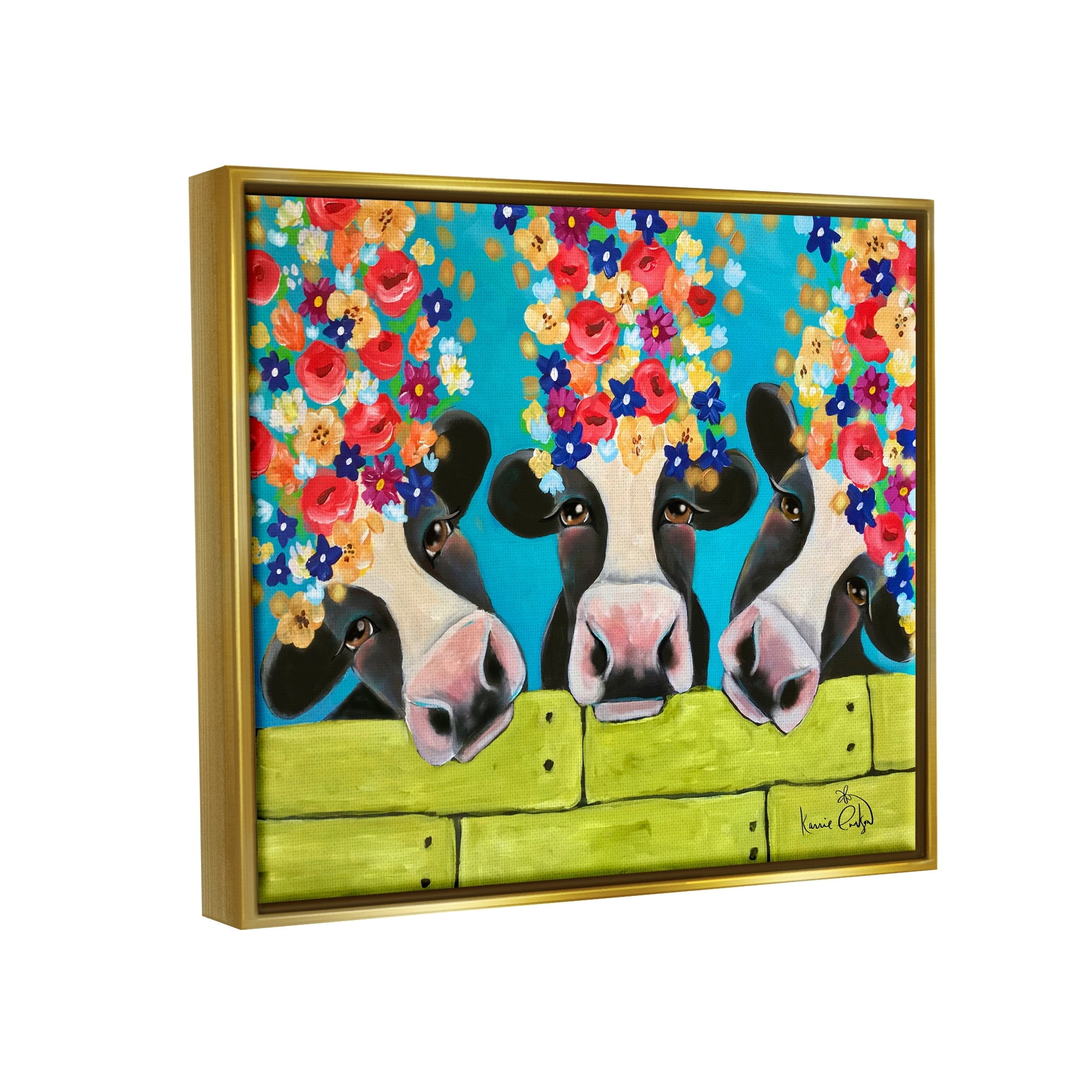 Stupell Industries Farm Cattle Cows Bright Flower Petals Green Planks Painting Metallic Gold Floating Framed Canvas Print Wall Art, Design by Karrie Evenson