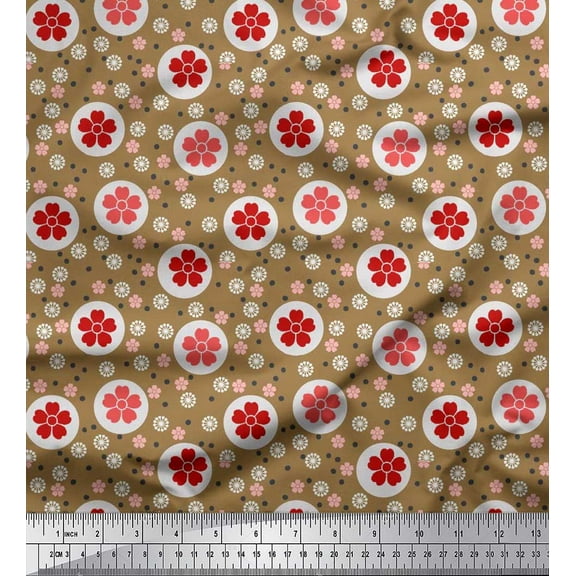 Soimoi Cotton Duck Fabric Dot & Floral Artistic Printed Fabric 1 Yard 42 Inch Wide