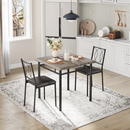 Farmhouse Small Dining Table Set for 2 Wooden Table with Upholstered Chairs for Apartment Small Kitchen Spaces
