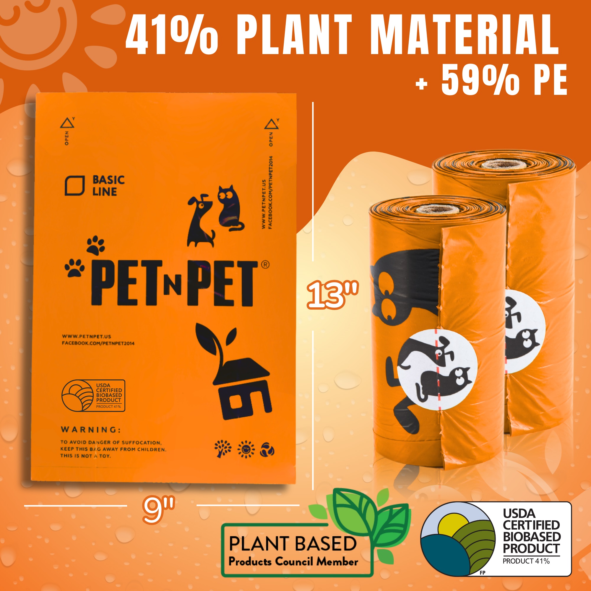 PET N PET Dog Poop Bags, 1080 Count, Unscented, 41% Plant-Based USDA Certified, Leak-Proof Dog Waste Bags, 8 x 15 Inches, Orange