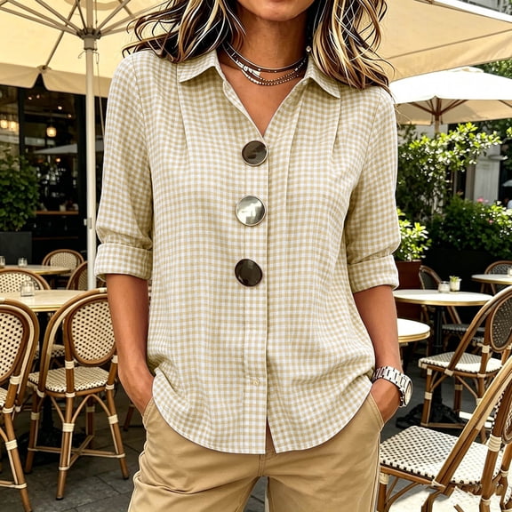 Womens Plus Size Tops Cotton Linen 3/4 Sleeve Shirts for Women Button Down Plaid Printed Lapel Loose Summer Fall Top S-4XL