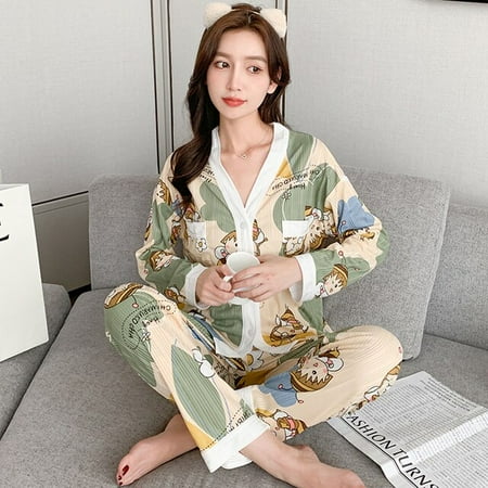 

PIKADINGNIS Fashion Spring Autumn Princess Sweet Style Pajamas Sets for Women Cotton White Bow Soft Sleepwear Suit Home Loose Nightwear Set