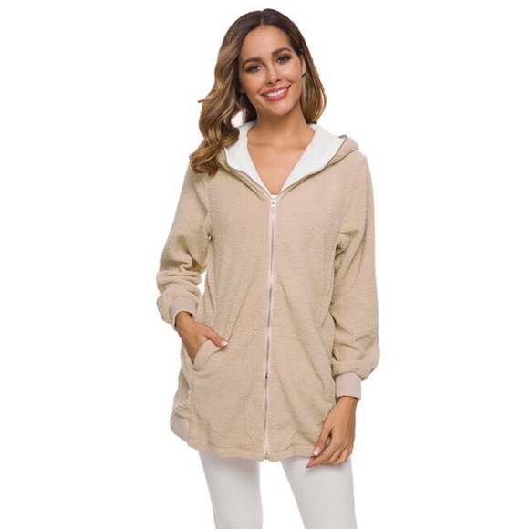 U.Vomade Women's Thin Cashmere Jacket Hooded Jacket Long Sleeve Zip Pocket Casual Cardigan Plush Coat