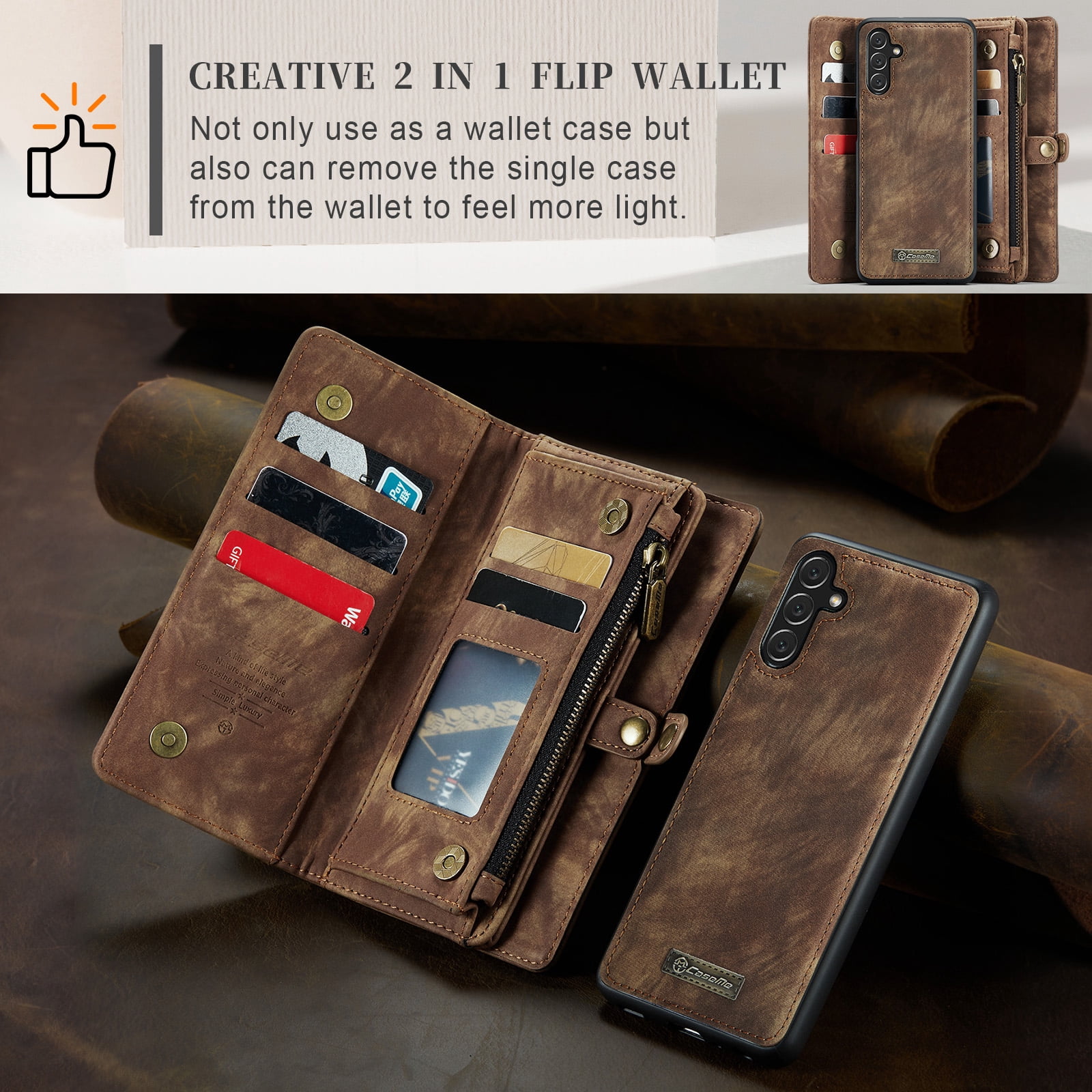 Feishell Durable 2- In-1 Magnetic Detachable Wallet Case for Samsung Galaxy A13 5G,for Women Men,Premium PU Leather Zipper Pocket Flip Multi Card Slots Purse Phone Case with Wrist Strap,Brown