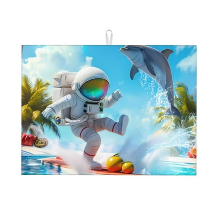 

Ocsxa Astronaut Tropical Dolphin Dish Drying Mat for Kitchen Counter Coffee Bar Coffee Station Accessories Absorbent Coffee Mat Kitchen Drying Mat Easy Clean 18x24 Inch