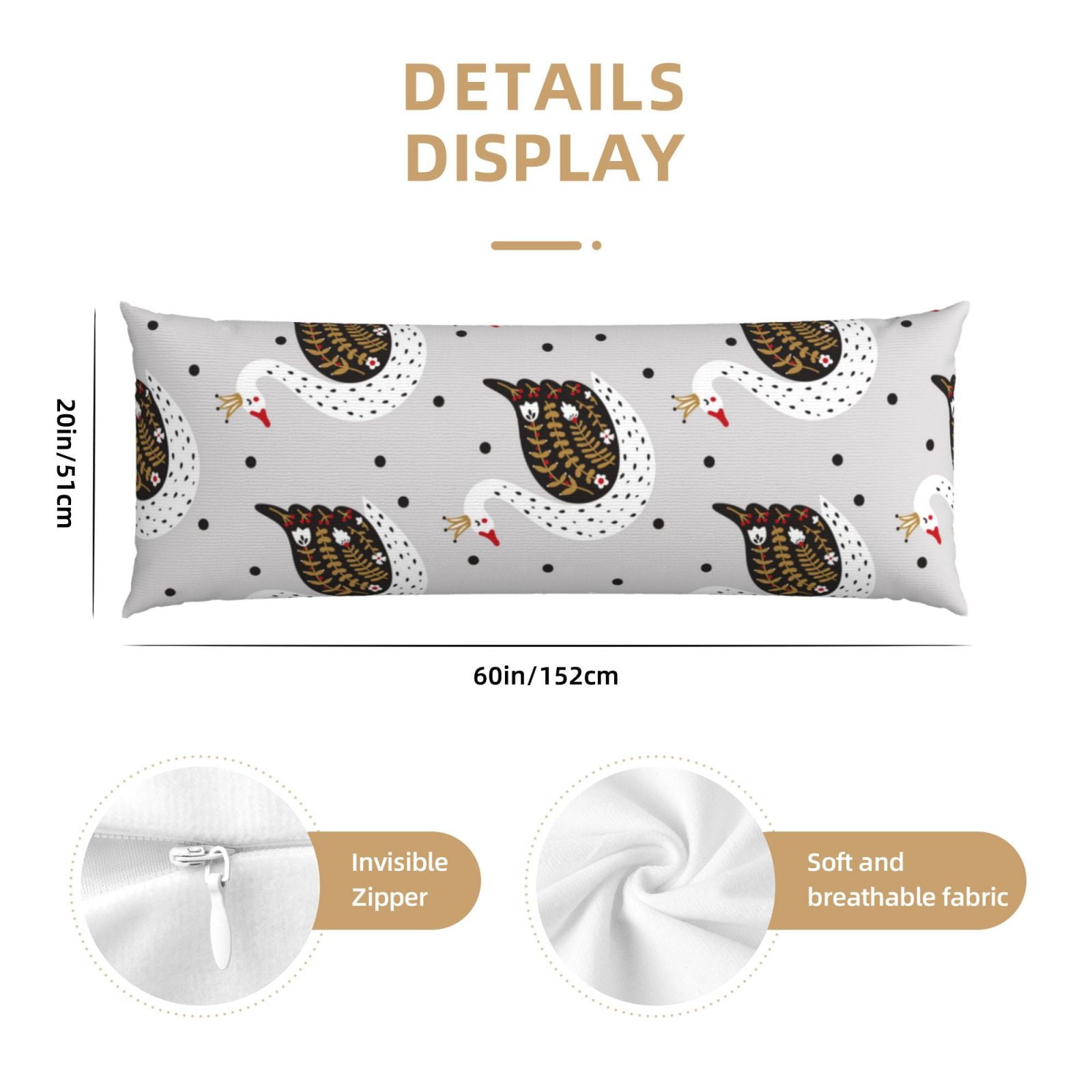 Naloa Cute Swan Super Soft 20x60 Body Pillow Case,Long Side Hidden Zipper（PILLOWS ARE NOT INCLUDED）