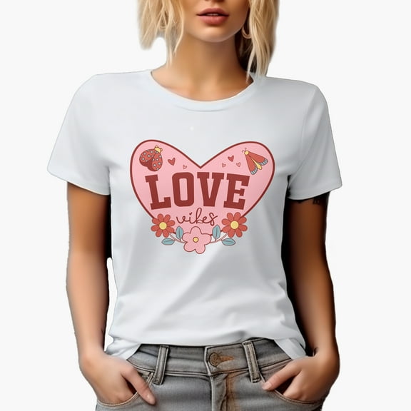 Retro Love Vibes with Flowers & Lady Bug, Valentine's Day or Valentine Gift, White T-Shirt, Small