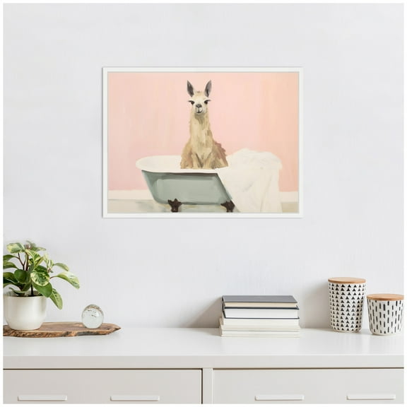 Kate and Laurel Charming Boho Cottage Farmhouse Llama in Bathtub Framed Canvas Wall Art by The Creative Bunch Studio 24 x 18 Sylvie White, Whimsical, Animals, Bathroom Art for Wall Decor, Laundry