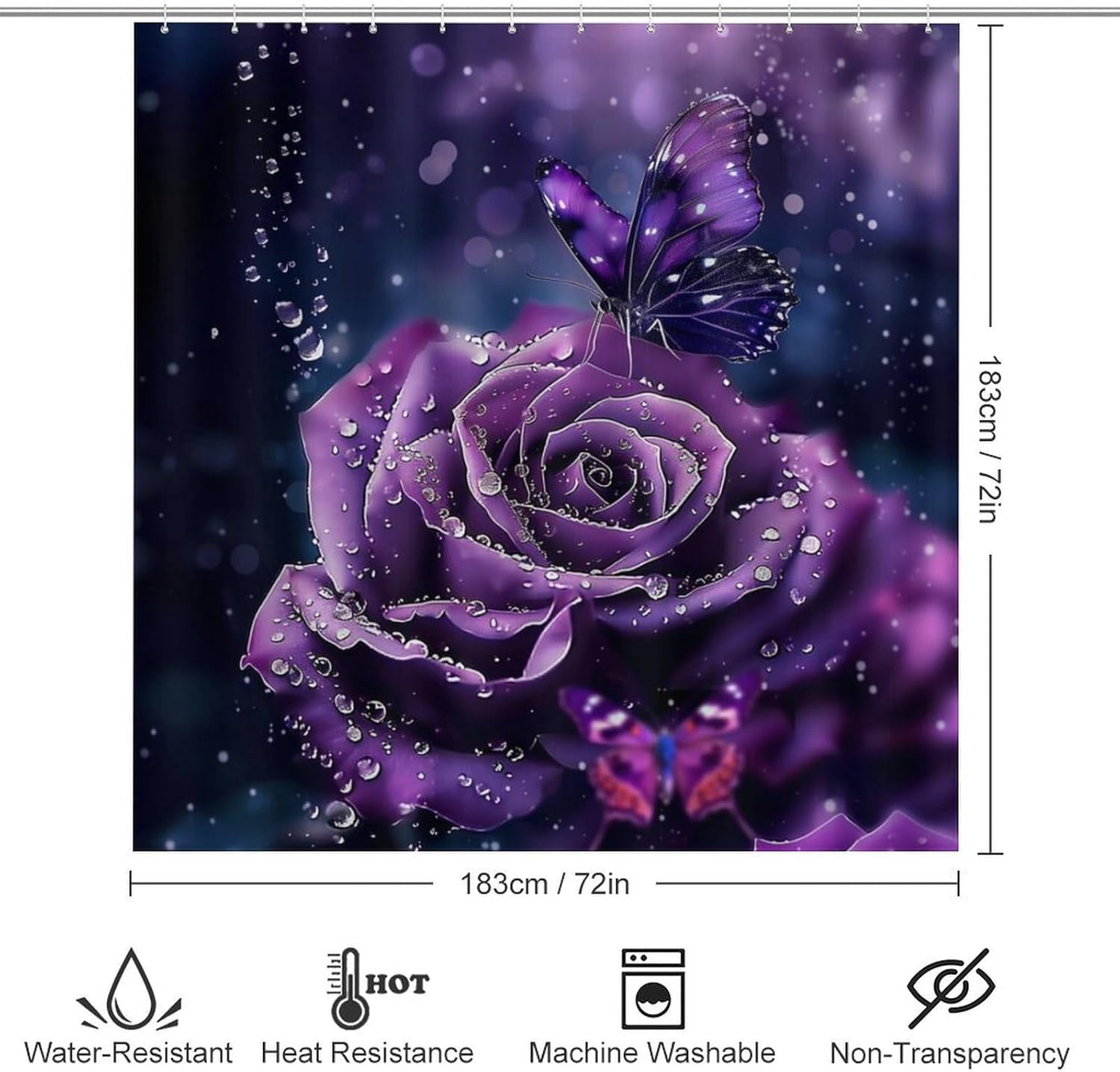 Purple Rose Butterfly 4 Pcs Bathroom Shower Curtain Set,Bathroom Sets with Rugs (Bath Mat,U Shape and Toilet Lid Cover Mat), Bathroom Decor Set