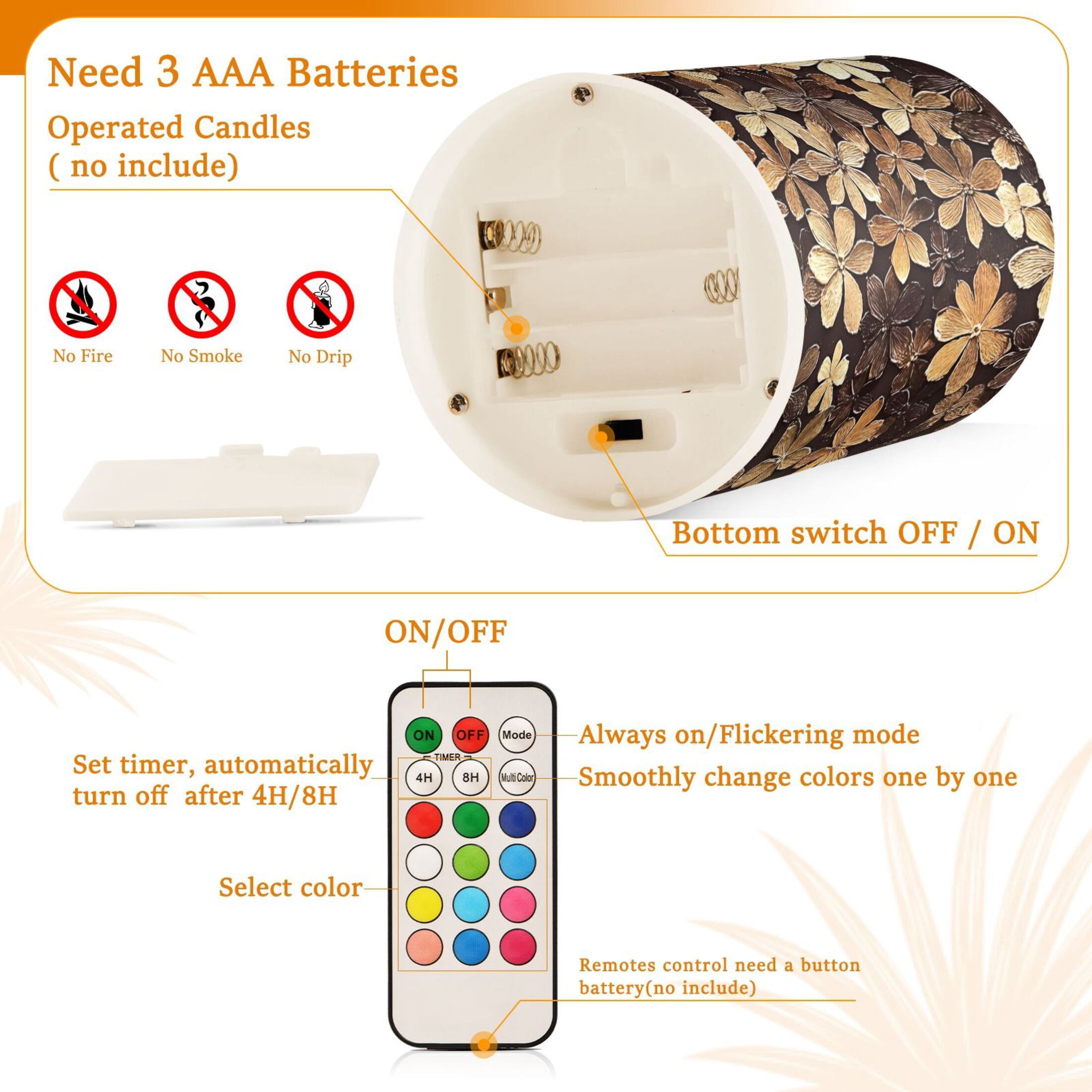 Brown Beauty Flowers Flickering Flameless Candles Battery Operated with Remote Timer LED Pillar Candles Set of 2
