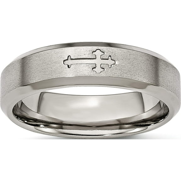 Titanium Brushed Center Cross Design 6mm Beveled Edge Band (Size 6) Made In China tb334-6