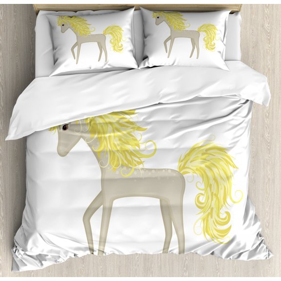Pony Duvet Cover Set, Simplistic Little Horse with Blonde Tail and Mane Graphic, Decorative 3 Piece Bedding Set with 2 Pillow Shams, King Size, Pale Yellow Grey Yellow, by Ambesonne