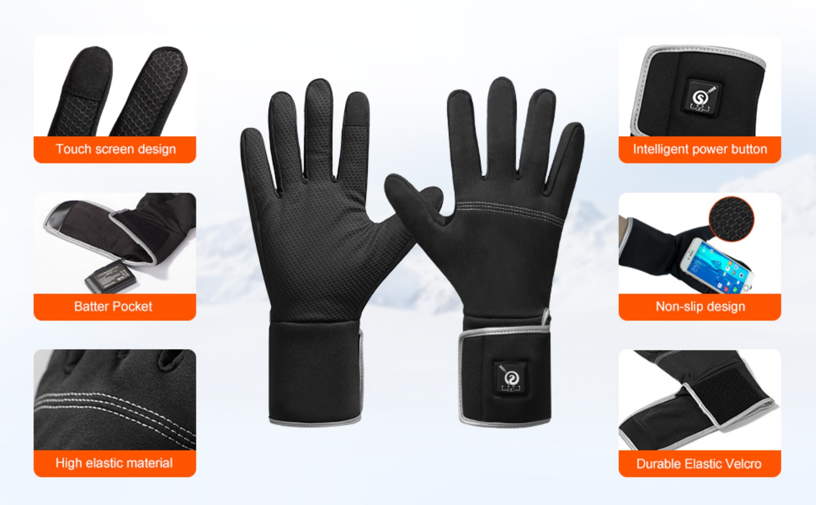 Sun Will Thin Heated Gloves Black Ski Mittens for Men and Women Rechargeable Electric Battery XS-2XL
