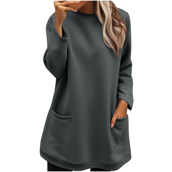 Fanxing Fleece Sweatshirts for Women with Pockets Casual Solid Color Long Sleeve Pullover Tops Fall Winter Sweater Dark Gray S