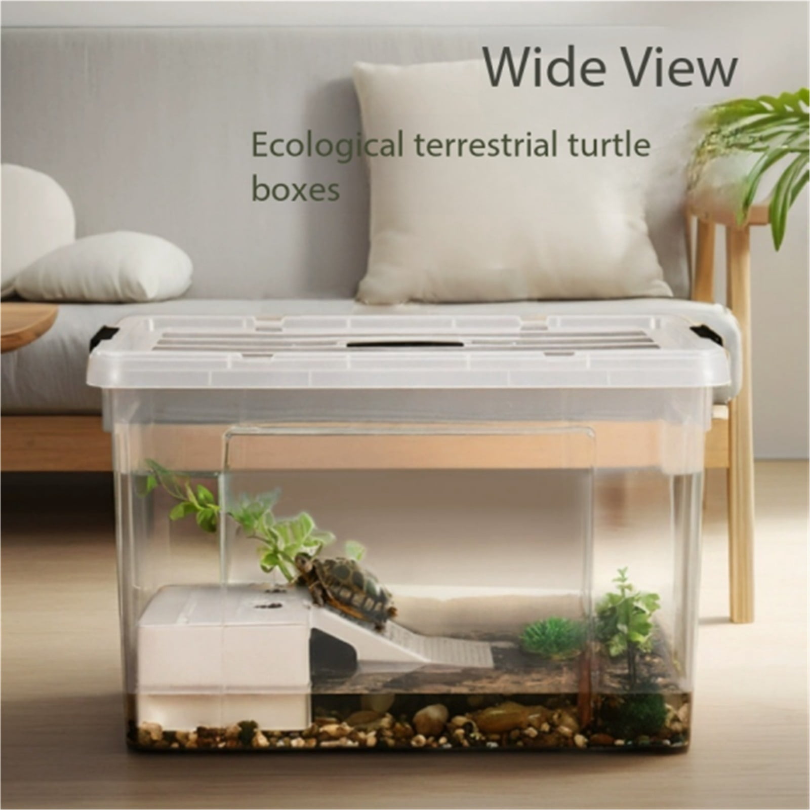 Turtle turnover box turtle feeding tank sun drying table, transparent tape cover