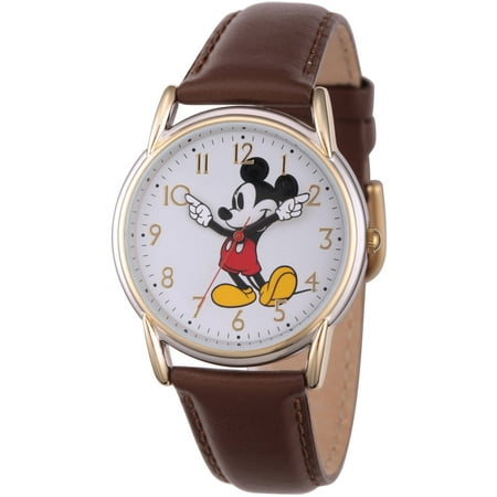 Disney, Classic Mickey Mouse Women's Two-Tone Cardiff Alloy Watch, Brown Leather Strap