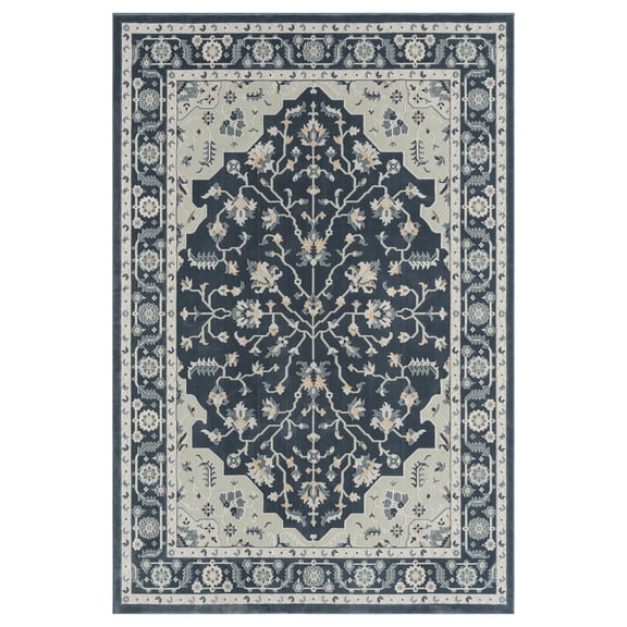 LR Home Imara Kate Navy/Light Gray Traditional Floral Polyester Area Rug, 5'3" x 7'6"