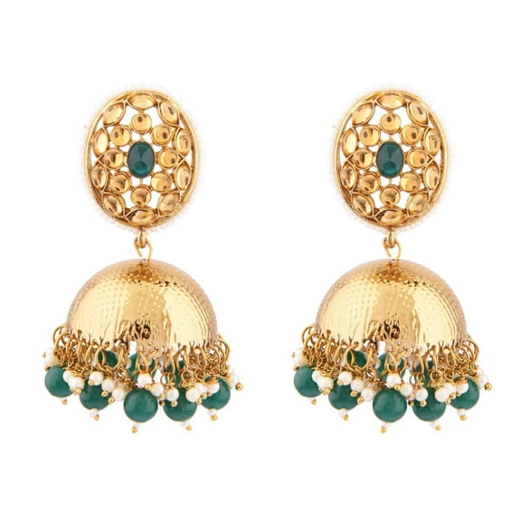 Efulgenz Indian Bridal Traditional Green Crystal Kundan Dangling Earrings Faux Pearl Beaded Oval Big Jhumka Jhumki Wedding Earrings Set for Women