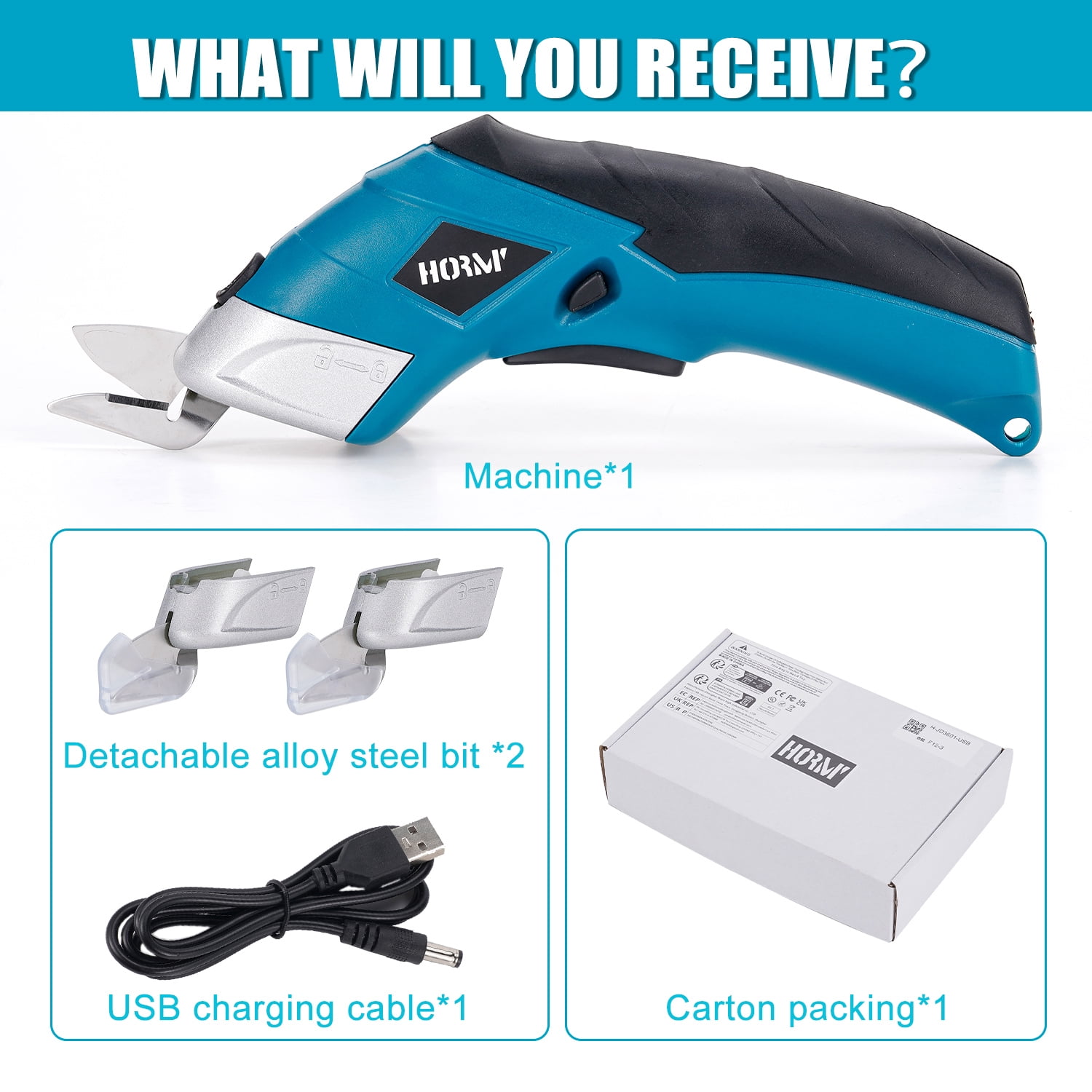 HORMY Cordless Electric Scissors with Two Blades, 3.6V Super Scissors Rechargeable with Safety Lock, for Cardboard Cutting Fabric Paper Sewing, Blue