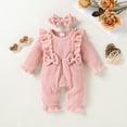 thumbnail image 5 of Happy Town Toddler Baby Girl Romper 0-18M Fall Winter Long Sleeve Ruffle Floral Jumpsuit With Headband Infant Romper, 5 of 9