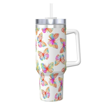 

Daiia colored butterflies Printed 40 oz Tumbler with Handle Ice Bully Insulated Tumbler 2 in 1 Lid Insulated Water Bottle Stainless Steel Travel Coffee Mug