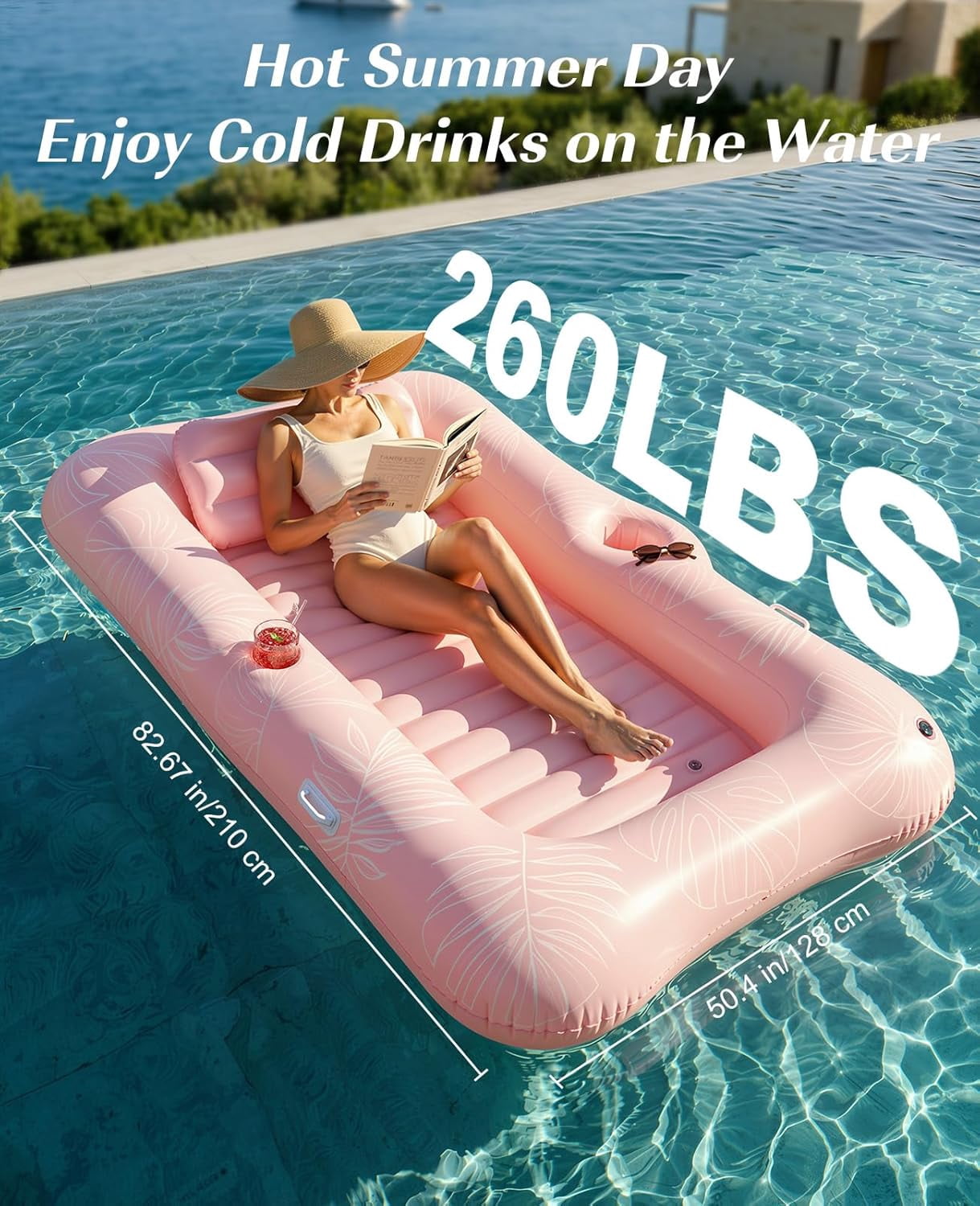 Inflatable Tanning Pool Lounger Float, Suntan Tub for Adults, Blow Up Sunbathing Pool with Integrated Pillow and Cup Holder, Heavy Duty Tanning Bed for Backyard Lake Beach