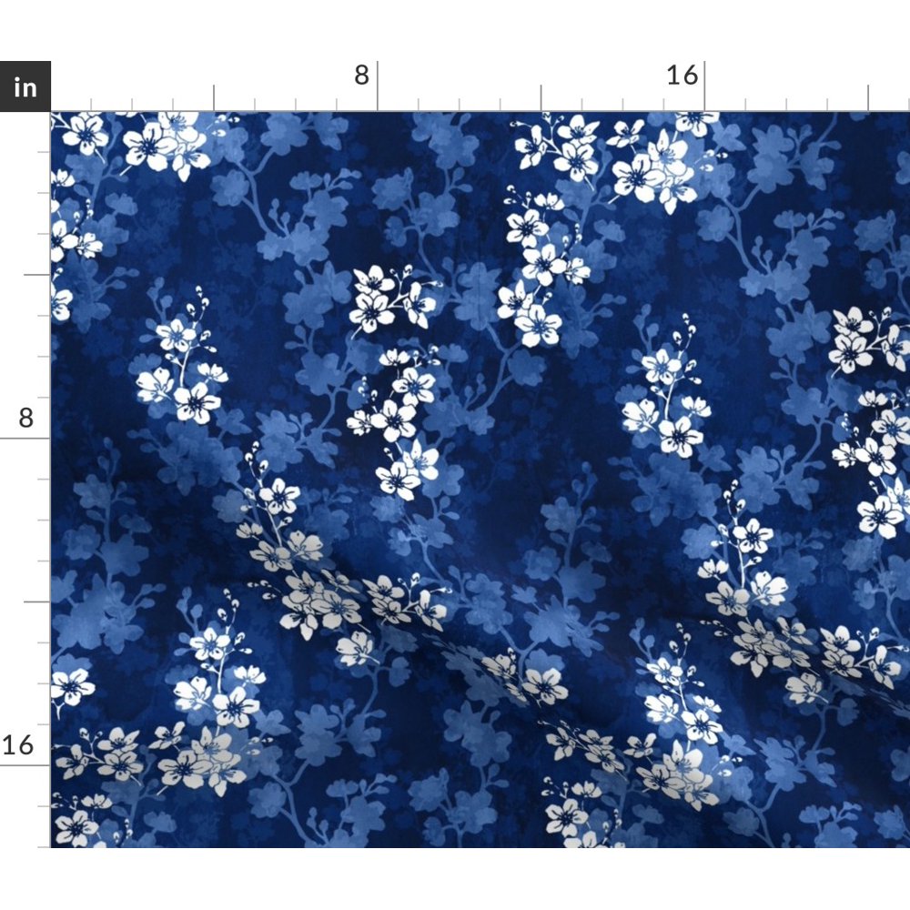 Cherry Blossom Deep Blue Flowers Japanese Spoonflower Fabric by the