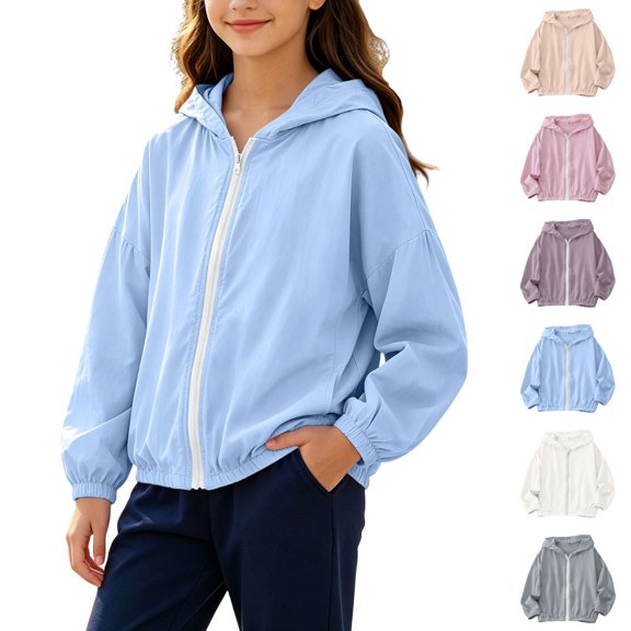 Abtuhar Toddler Girls Fall Winter Hooded Casual Outerwear and Jackets Solid Drop‑shoulder Wind‑proof Sun‑protection Zip‑up Coat for 3‑16 Years