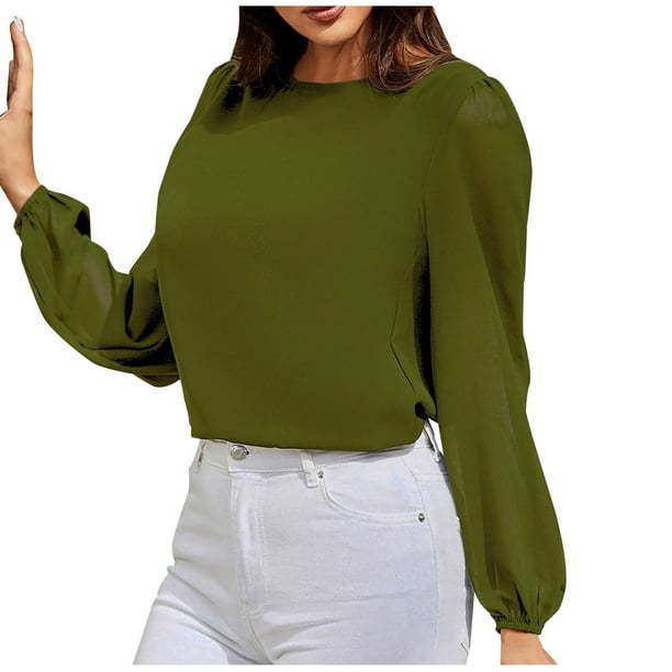 Tops para mujer Camisas Blusas Elegantes Camisas casuales de manga larga Moda Cómoda Blusa de cuello redondo de color sólido Odeerbi ODB-5
