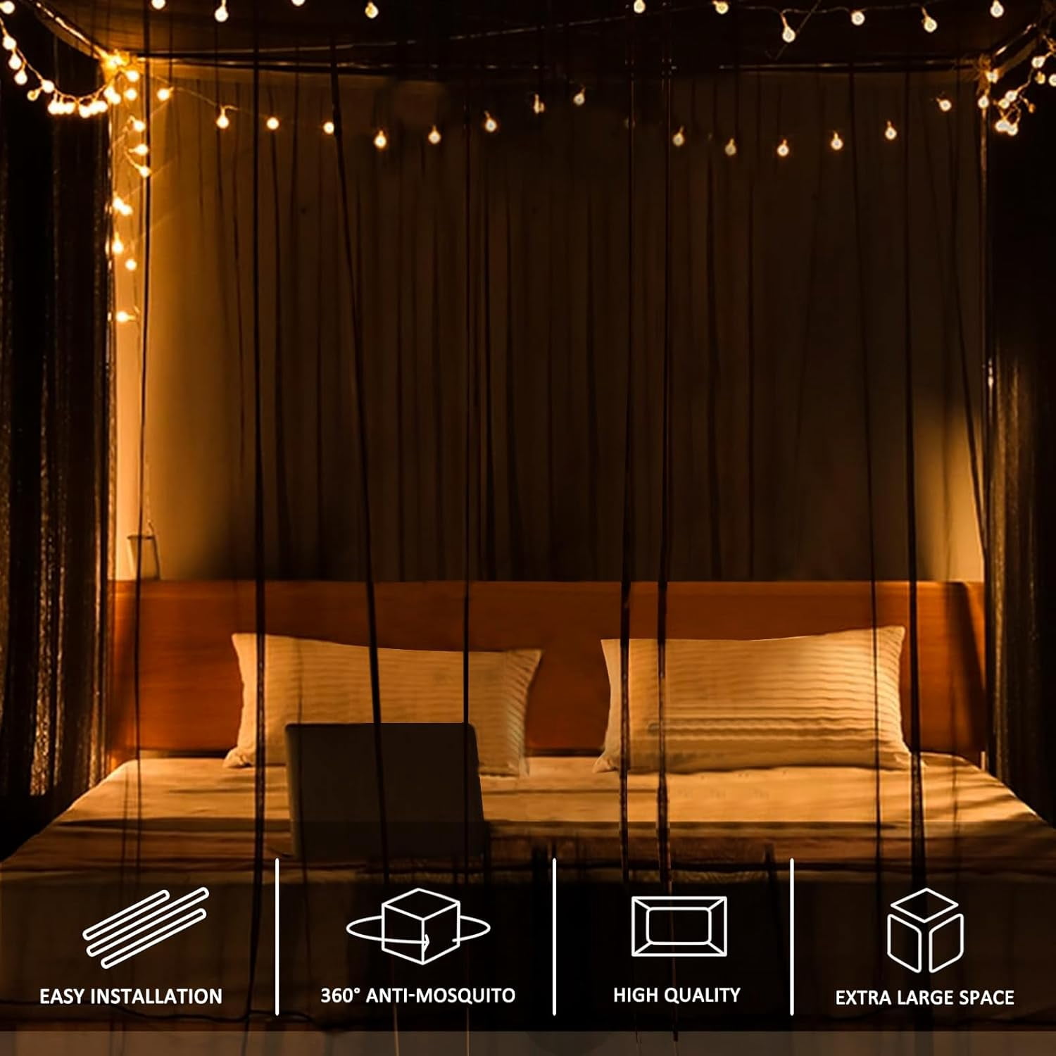 CAILDANL Black Mosquito Net Tent for Bed or Plant，Protecting Plant,One Side Opening Canopy Netting Curtain Net for Bedroom Decoration Queen Size（Without Frame）