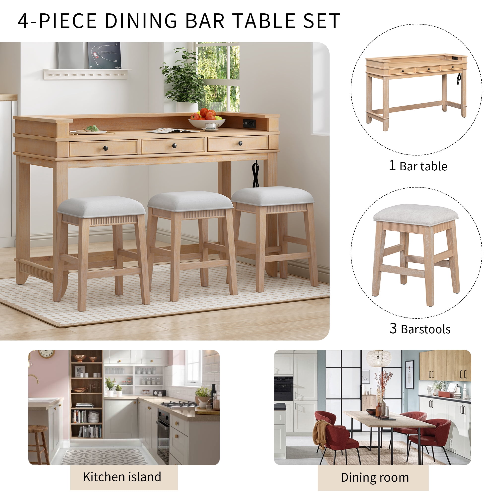 Euroco 4-Piece Kitchen Bar Table and Chairs Set for 3,Retro Dining Room Set with Power Outlet,3 Drawers & 3 Stools for Small Spaces,Natural