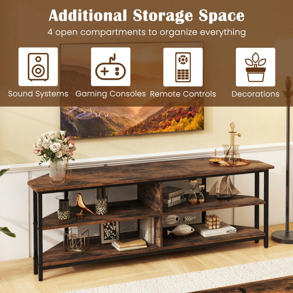 Finihen TV Stand, Entertainment Center, 3-Tier Corner TV Stand for TVs up to 65 Inches with Charging Station, for Living Room, Rustic Brown