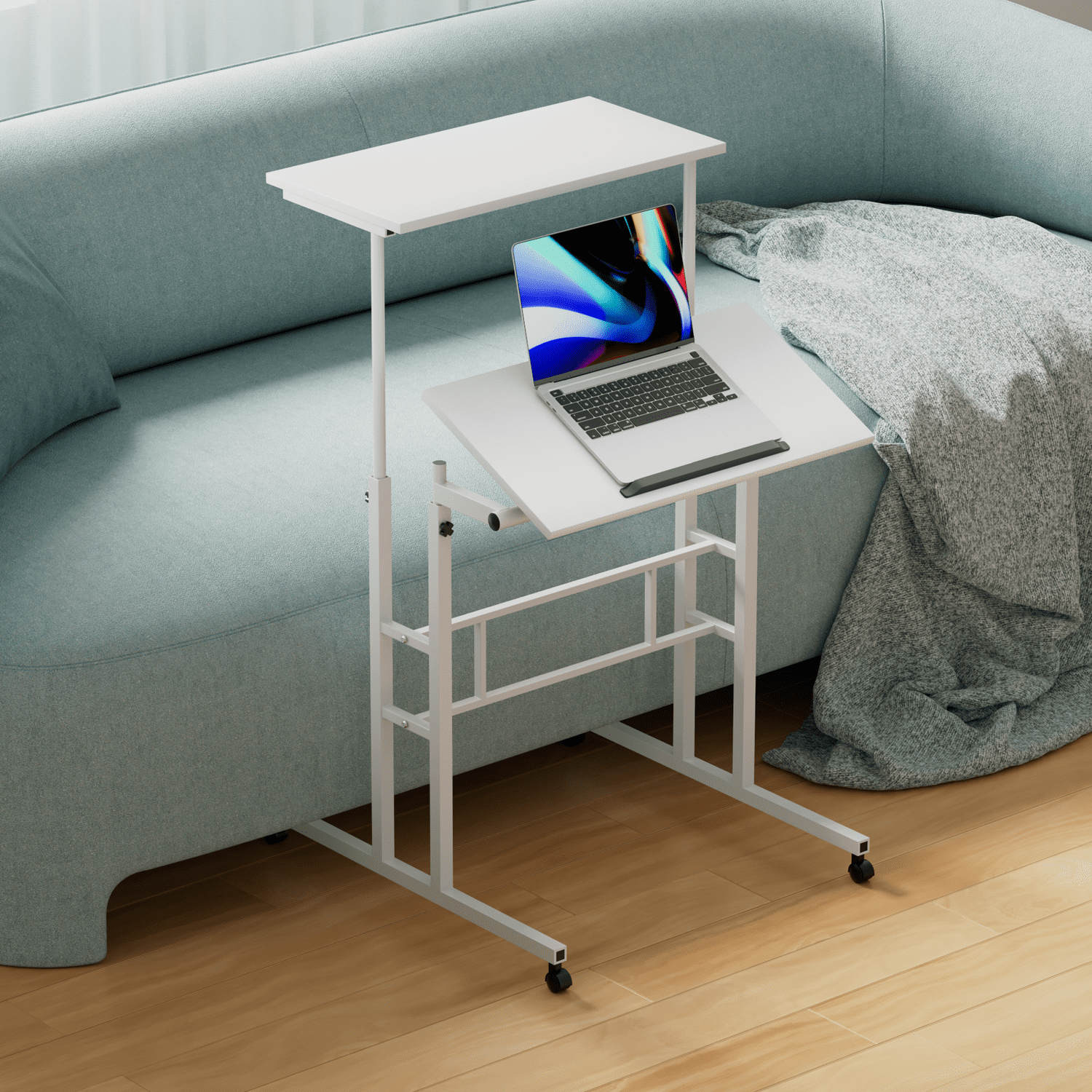 MoNiBloom Mobile Standing Desk, Adjustable Rolling Computer Desk, Portable Laptop Table Home Office Laptop Workstation with Wheels, White