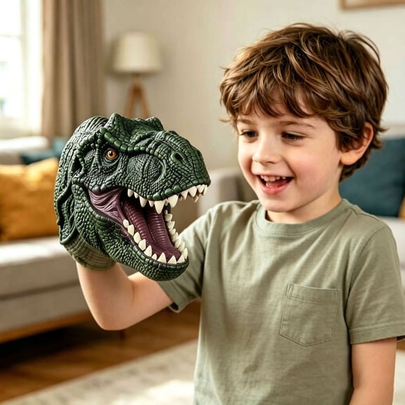 Realistic Dinosaur Hand Puppet, Soft Rubber Puppet With Movable Mouth, Novelty Interactive Role Play Toy For Halloween Party Indoor Outdoor Imaginative Game(Green-7.48")