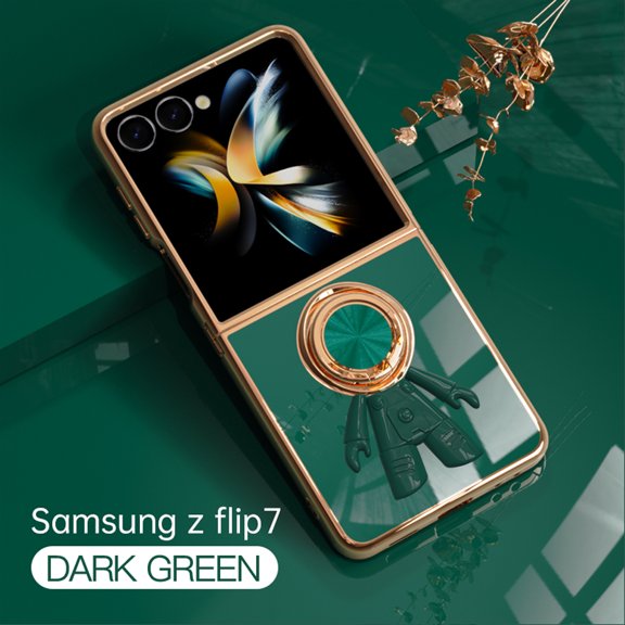 Decase Compatible with Samsung Galaxy Z Flip 7 Case with Ring Stand Plating Astronaut Pattern 360°Rotatable Ring Holder,for Z Flip 7 Phone Case Silicone Shockproof Protective Slim Cover,Darkgreen