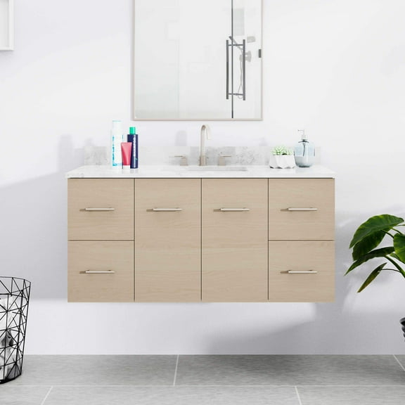 Mia 48 Inch Floating Vanity with Undermount Sink - Light Oak / White Carrara Top