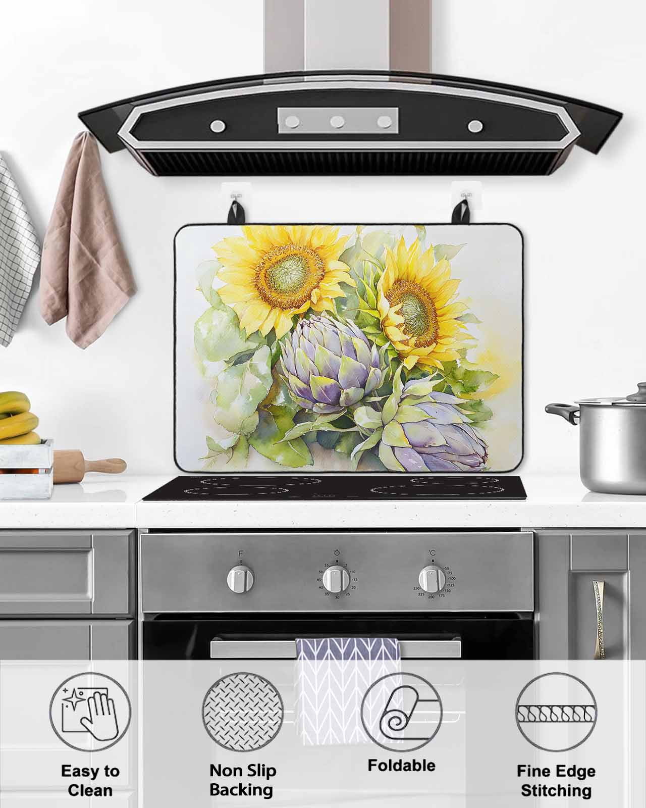 nqOlkjepod Large Induction Cooktop Protector Mat 24"x21", Summer Sunflowers Stove Top Covers for Electric Stove, Watercolor Floral Blossoms Retro Stove Burner Cover Mats, Glass Top Stove Cover