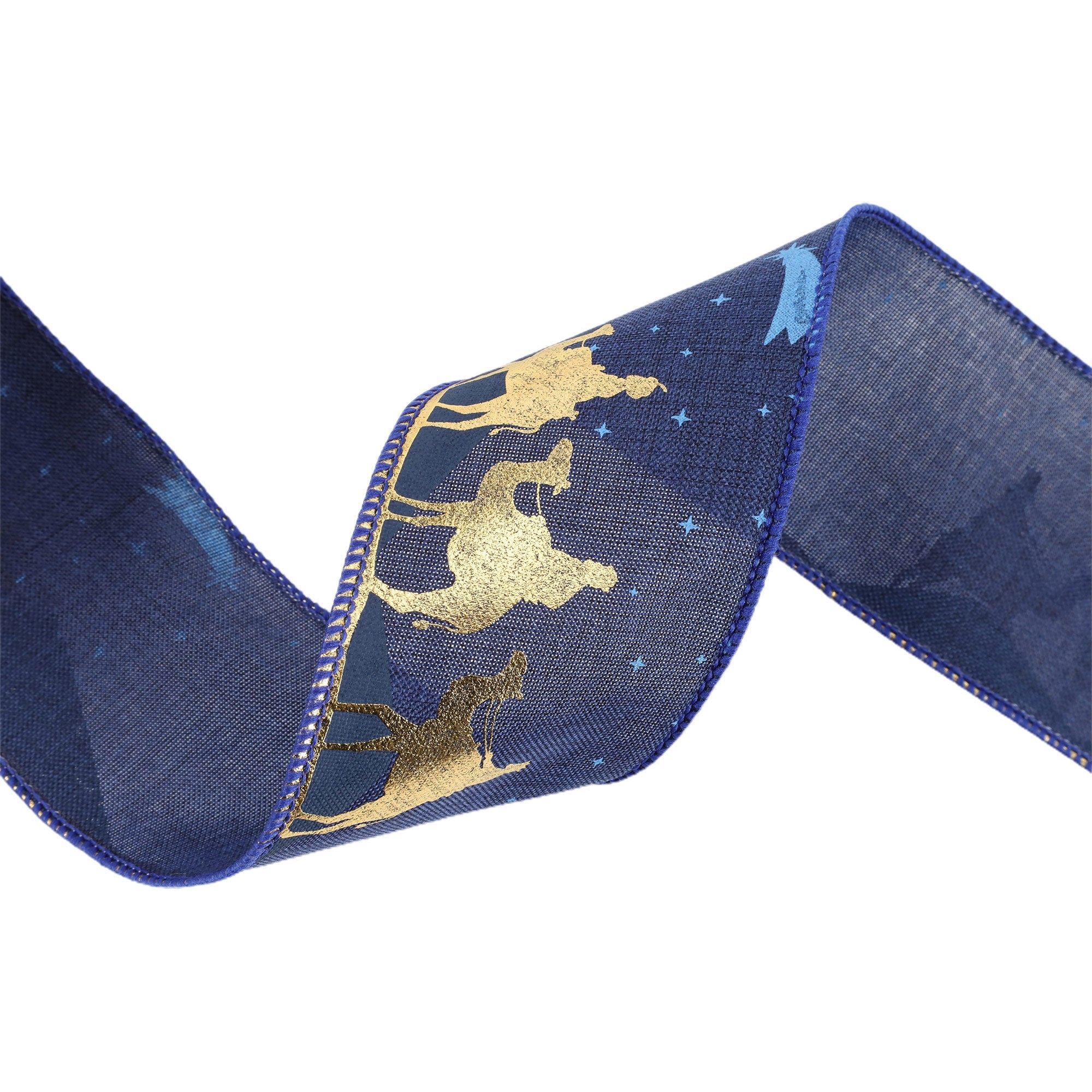 LaRibbons 2 1/2" Faux Linen Wired Ribbon, Blue w/ Gold Print Three Wise Men, 10 Yard Roll