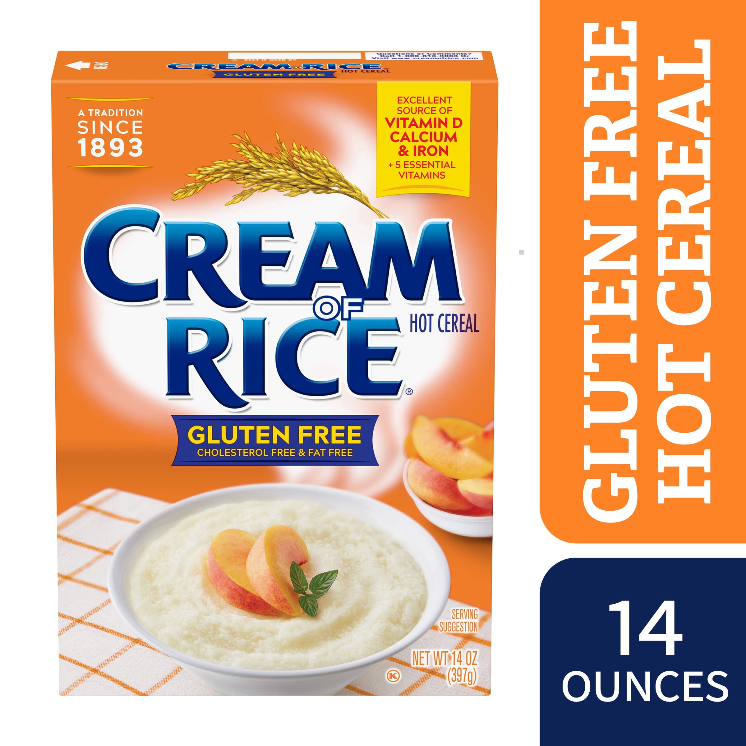 (2 pack) Cream of Rice Gluten Free Hot Cereal, 2.5 Minute, Kosher, Shelf-Stable, 14 oz Box